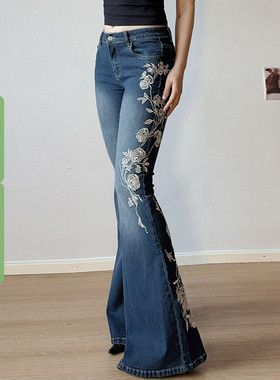 WEEKEEP 古着辣妹小众玫瑰刺绣低腰微喇牛仔裤百搭修身显瘦长裤