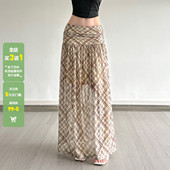 WEEKEEP 学院风网纱格纹褶皱低腰半身裙百搭宽松显瘦飘逸大摆长裙