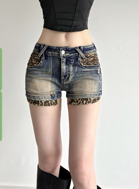 WEEKEEP 美式辣妹豹纹口袋拼接水洗做旧牛仔裤女紧身包臀低腰短裤