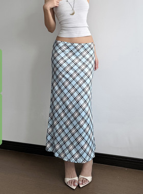 WEEKEEP 少女感复古蓝色格纹直筒半身裙百搭低腰修身显瘦长裙