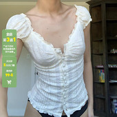 WEEKEEP法式 显瘦上衣 T恤修身 复古褶皱排扣蕾丝花边泡泡袖 紧身短袖