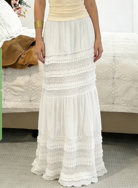 WEEKEEP 纯欲少女白色蕾丝网纱拼接松紧腰半身裙度假风垂感长裙