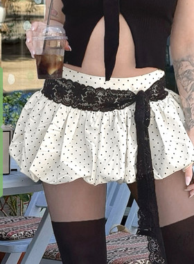 WEEKEEP 法式少女黑白撞色波点蕾丝拼接绑带花苞裙低腰蓬蓬短裙