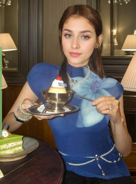 WEEKEEP 小众蓝色花卉印花半高领短袖T恤女百搭气质修身显瘦上衣