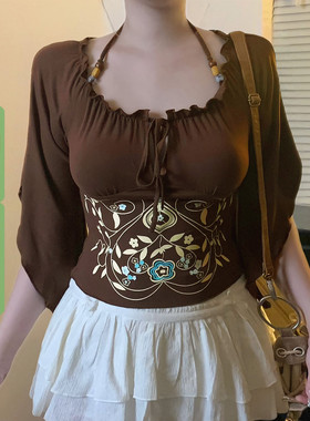 WEEKEEP 复古印花方领镂空系带挂脖串珠蝙蝠袖上衣女修身收腰T恤