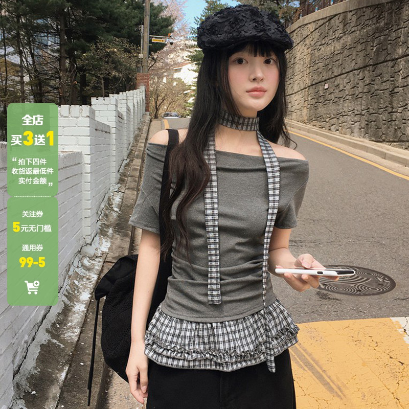 WEEKEEP 休闲少女格纹围脖荷叶边拼接一字肩短袖上衣修身收腰T恤