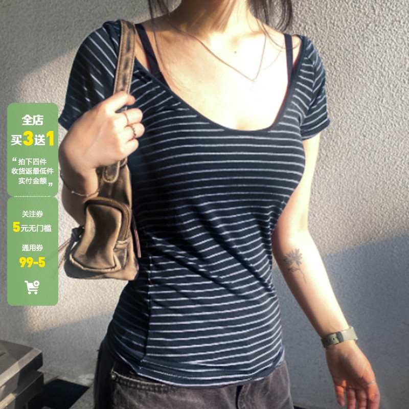 WEEKEEP 基础百搭条纹U领连帽短袖T恤女简约休闲修身收腰显瘦上衣