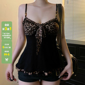 WEEKEEP 涩谷辣妹豹纹网纱拼接木耳边V领绑带收腰串珠吊带背心潮