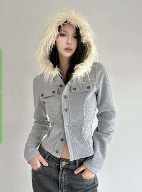 WEEKEEP 街头灰色毛毛拼接连帽排扣长袖卫衣女百搭修身收腰短外套