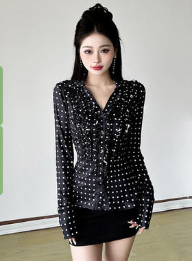 WEEKEEP 简约通勤黑白波点木耳边长袖衬衫女百搭修身收腰显瘦上衣