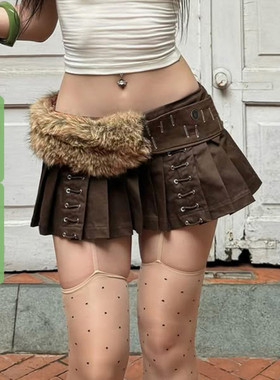 WEEKEEP 街头辣妹毛毛腰带拼接宽腰头鸡眼绑带半身裙低腰百褶短裙