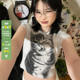 WEEKEEP 上衣潮 显瘦百搭短袖 wink猫咪 复古可爱小猫印花T恤修身
