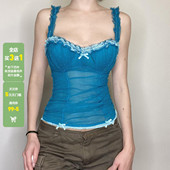 WEEKEEP 度假风蓝色波点网纱蕾丝拼接蝴蝶结吊带辣妹性感修身 背心