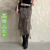 WEEKEEP 美式 街头复古辣妹豹纹网纱不规则下摆半身裙性感低腰长裙