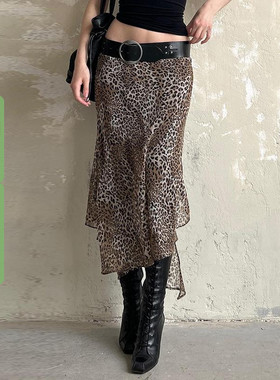WEEKEEP 美式街头复古辣妹豹纹网纱不规则下摆半身裙性感低腰长裙