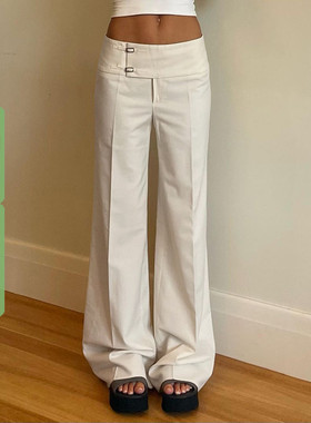 WEEKEEP 米白色基础百搭休闲裤女小众设计感扣子阔腿宽松显瘦长裤