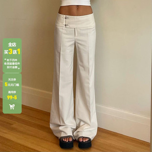 WEEKEEP 米白色基础百搭休闲裤女小众设计感扣子阔腿宽松显瘦长裤