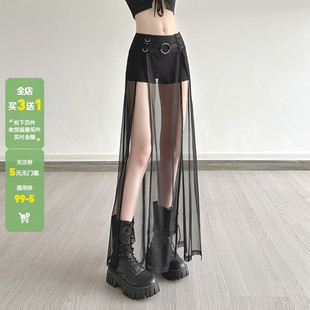 WEEKEEP 半身长裙 暗黑朋克低腰金属扣网纱拼接紧身包臀内搭短裤