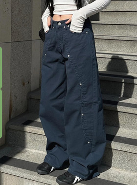 WEEKEEP【高能机车】复古美式铆钉宽松直筒裤小众设计感工装裤女
