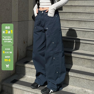 高能机车 裤 复古美式 小众设计感工装 女 铆钉宽松直筒裤 WEEKEEP