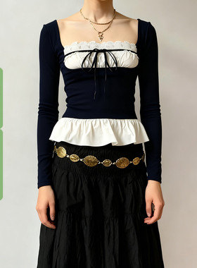 WEEKEEP 法式少女撞色假两件蕾丝拼接系带长袖T恤百搭修身上衣