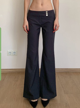 WEEKEEP 黑色百搭简约三粒扣微喇西装休闲裤女低腰修身显瘦长裤