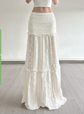 WEEKEEP 波嬉风纯色木耳边重工蕾丝半身裙低腰宽松A摆显瘦长裙