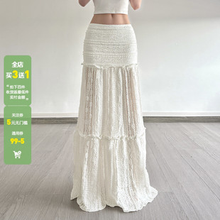 WEEKEEP 波嬉风纯色木耳边重工蕾丝半身裙低腰宽松A摆显瘦长裙