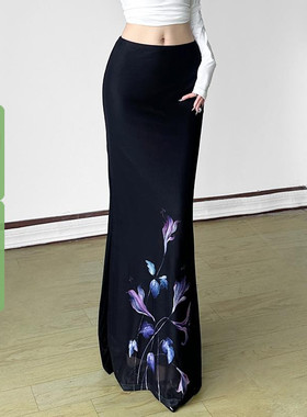 WEEKEEP 鸢尾花性感显瘦修身包臀半身裙中长款百搭度假风鱼尾长裙