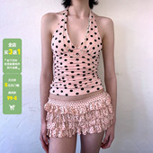 WEEKEEP 辣妹粉色性感V领波点挂脖绑带露背吊带修身 褶皱收腰背心