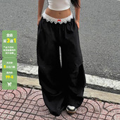 长裤 WEEKEEP 女秋季 高腰显瘦直筒阔腿工装 美式 复古蕾丝花边休闲裤