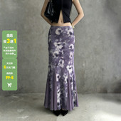 WEEKEEP 气质韵味紫色花卉印花网纱拼接半身裙低腰修身 鱼尾长裙