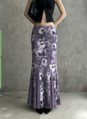 WEEKEEP 气质韵味紫色花卉印花网纱拼接半身裙低腰修身鱼尾长裙