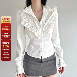 女百搭白色修身 衬衫 收腰上衣 宫廷风荷叶边拼接立领长袖 WEEKEEP