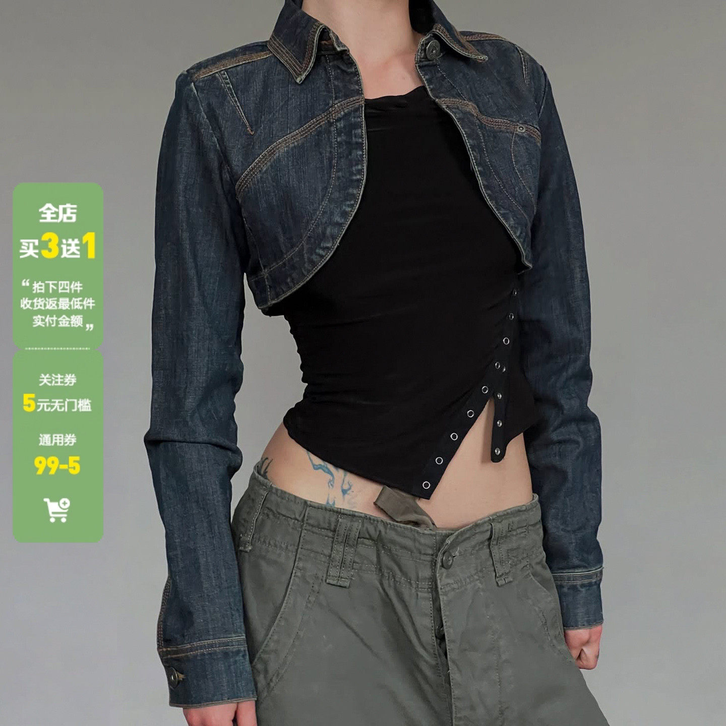 WEEKEEP 美式街头深蓝色翻领短款牛仔外套女复古百搭显瘦夹克上衣