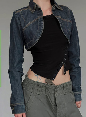 WEEKEEP 美式街头深蓝色翻领短款牛仔外套女复古百搭显瘦夹克上衣