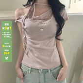 WEEKEEP 甜美少女撞色波点不对称露肩系带T恤百搭休闲修身 上衣