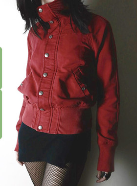 WEEKEEP 美式街头立领红色螺纹拼接长袖外套女百搭修身工装夹克