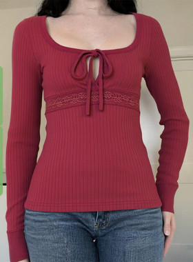 WEEKEEP 复古纯色方领蕾丝绑带镂空长袖T恤女百搭修身打底上衣秋