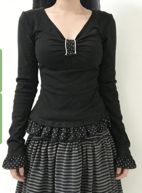 WEEKEEP 韩系少女V领波点木耳边拼接长袖T恤百搭修身收腰显瘦上衣