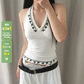 WEEKEEP 复古辣妹V领小众印花挂脖吊带背心百搭性感修身 收腰上衣