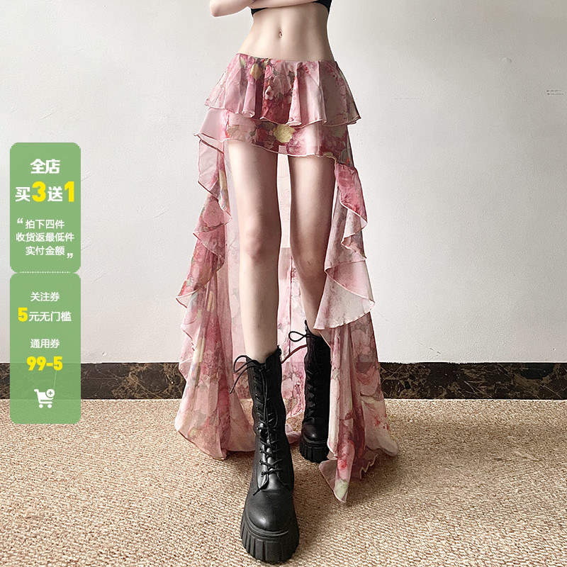 WEEKEEP 复古度假风印花性感半身裙女不规则双层拼接后尾拖地长裙