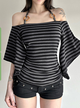 WEEKEEP 百搭休闲条纹一字肩挂脖系带串珠圆环褶皱收腰蝙蝠袖上衣