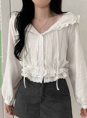 WEEKEEP 少女风白色木耳边拼接风琴褶连帽短外套百搭长袖排扣上衣