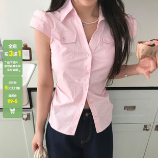 上衣 WEEKEEP 纯欲少女甜美粉色V领口袋排扣衬衫 百搭修身 收腰短袖
