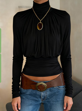 WEEKEEP 黑色简约基础褶皱收腰高领长袖T恤女百搭休闲打底上衣秋