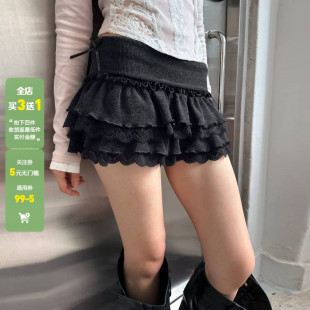 WEEKEEP 少女风黑色蝴蝶结蕾丝拼接蛋糕裙低腰A摆显瘦半身短裙