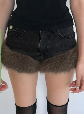 WEEKEEP 美式辣妹毛毛拼接设计感低腰牛仔短裤百搭修身显瘦热裤