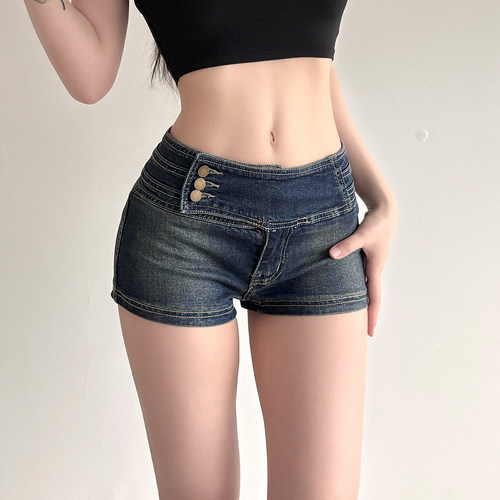 WEEKEEP 夏日蓝色低腰牛仔短裤女性感显瘦包臀休闲热裤辣妹三分裤