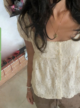 WEEKEEP 甜美纯色方领蕾丝排扣泡泡袖T恤女百搭宽松显瘦A摆上衣